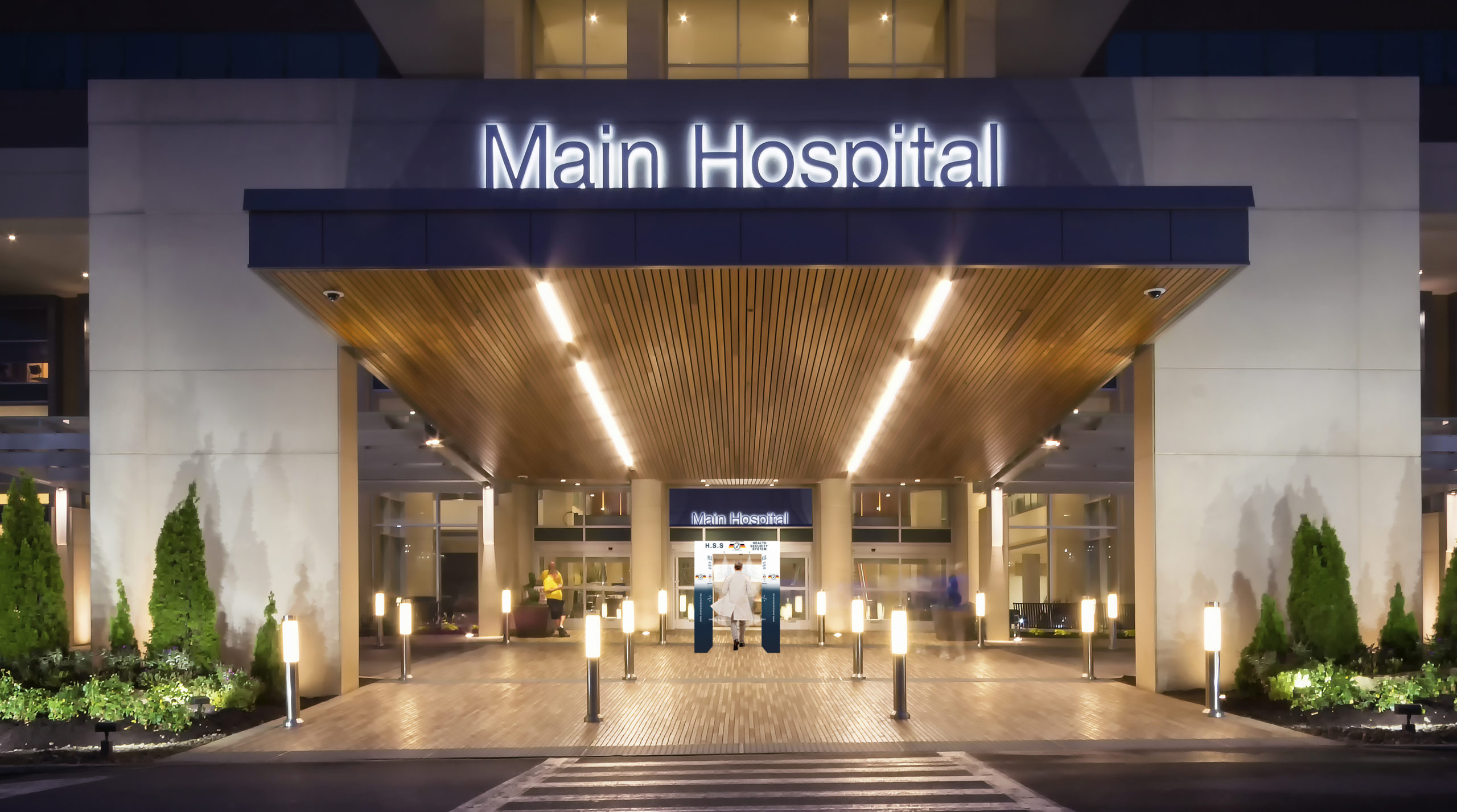 Main corp. Hospital entrance. Main entrance. City entrance.